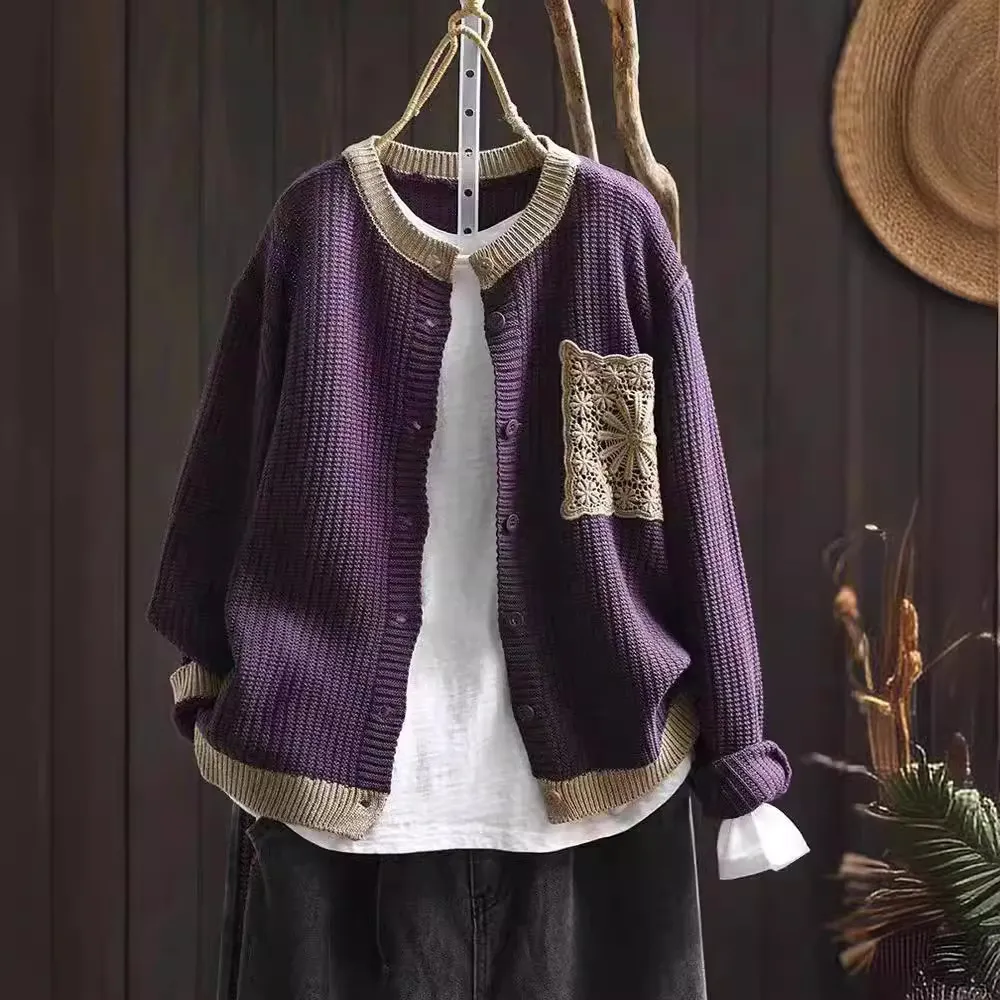 Retro Knitted Cardigan Women Round Neck Loose - Purple