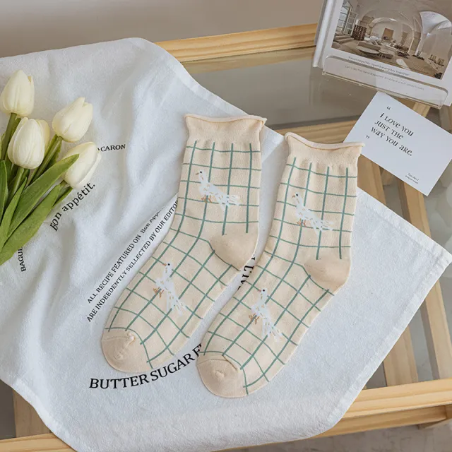 Women's Vintage Small Flower Mid calf Ins Pure Cotton Breathable Socks White Plaid Bird - Shop at LoveMi