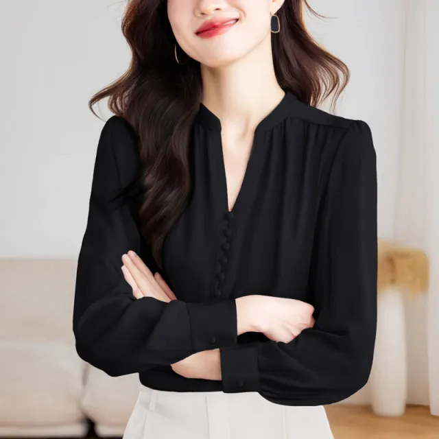 Lady Temperament V neck Slimming Solid Color Top Black - Shop at LoveMi