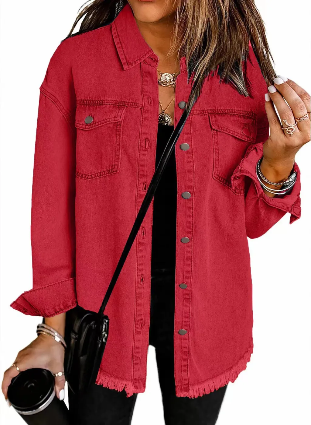 Washed Denim Shirt Women's Personalized Street Style Frayed Hem Coat - Red