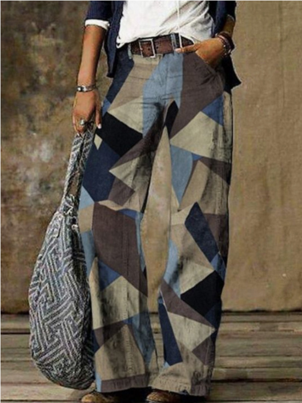 Hemp Pattern Wide-leg Pants Trousers No Belt National Style Casual Pants