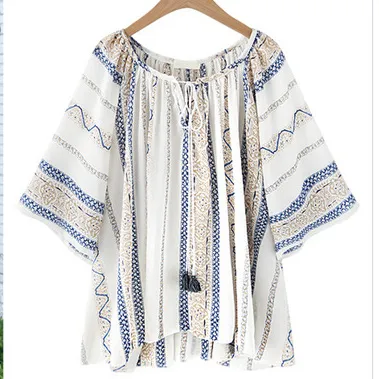Plus sized Cotton And Linen Retro Loose Slimming Top For Fat Girls Blue - Shop at LoveMi