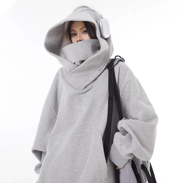 Loose High Collar Hooded Fleece Lined Sweater Gray - Shop at LoveMi