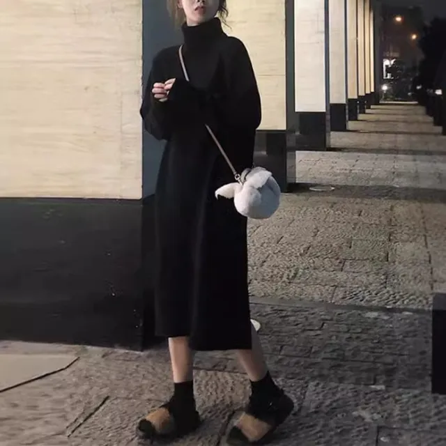 Long Below The Knee Base Ride Turtleneck Knitting Dress Women Black - Shop at LoveMi