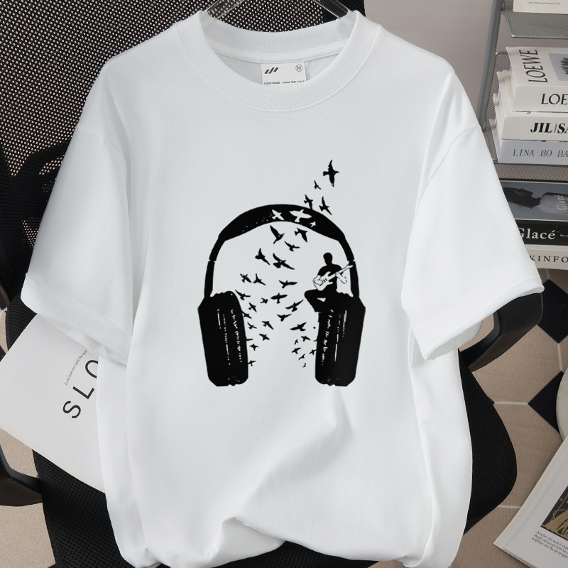 Music And Headphones Creative Print T-Shirt Loose Fit