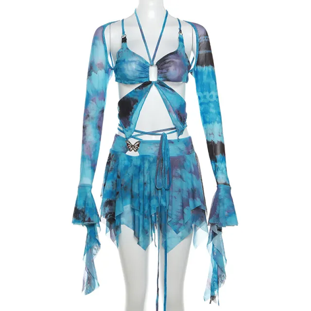 Women's Clothes Flared Sleeves Butterfly Print Lace up Cutout Skirt Outfit Blue - Shop at LoveMi