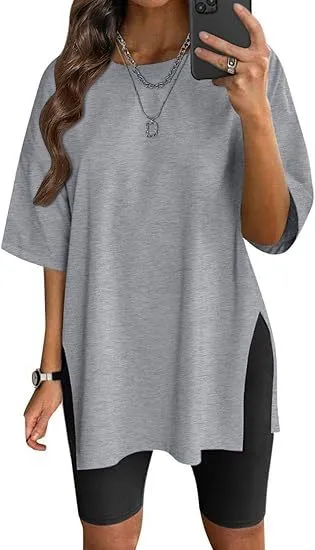 Women's Solid Color Split Short sleeved T shirt Round Neck Loose Top Gray - Shop at LoveMi
