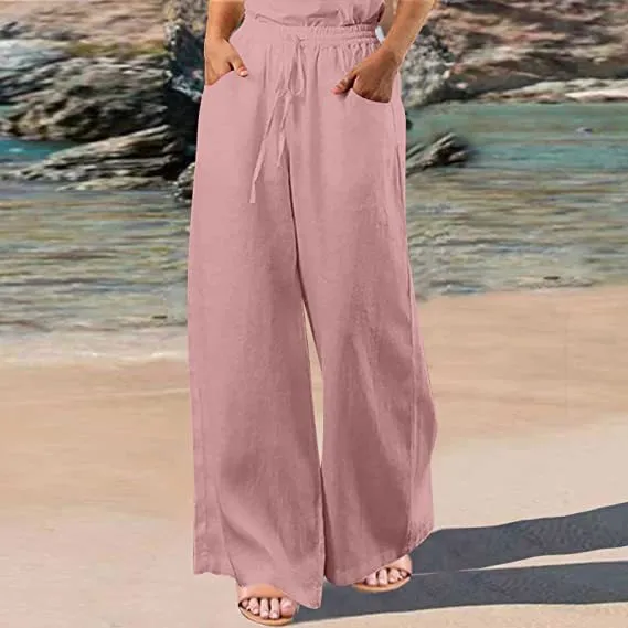 Loose Cotton And Linen Wide Leg Pants Pink - Shop at LoveMi