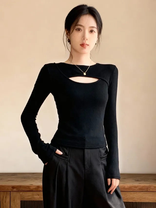 Women's Hollow Out Round Neck Long Sleeve Top Black - Shop at LoveMi