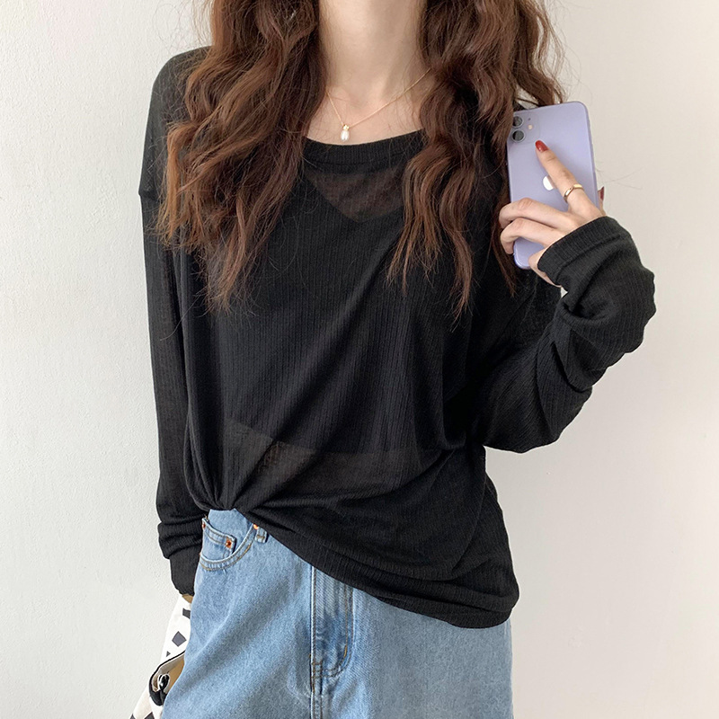 Women's Long sleeved Mask T shirt Spring And Summer Loose Knitted Smock Top Black - Shop at LoveMi