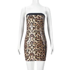 Leopard Print Women's Colour Matching Double Layer Tube Dress Sequin Hip Bag Dress - Coffee Colour - View 1