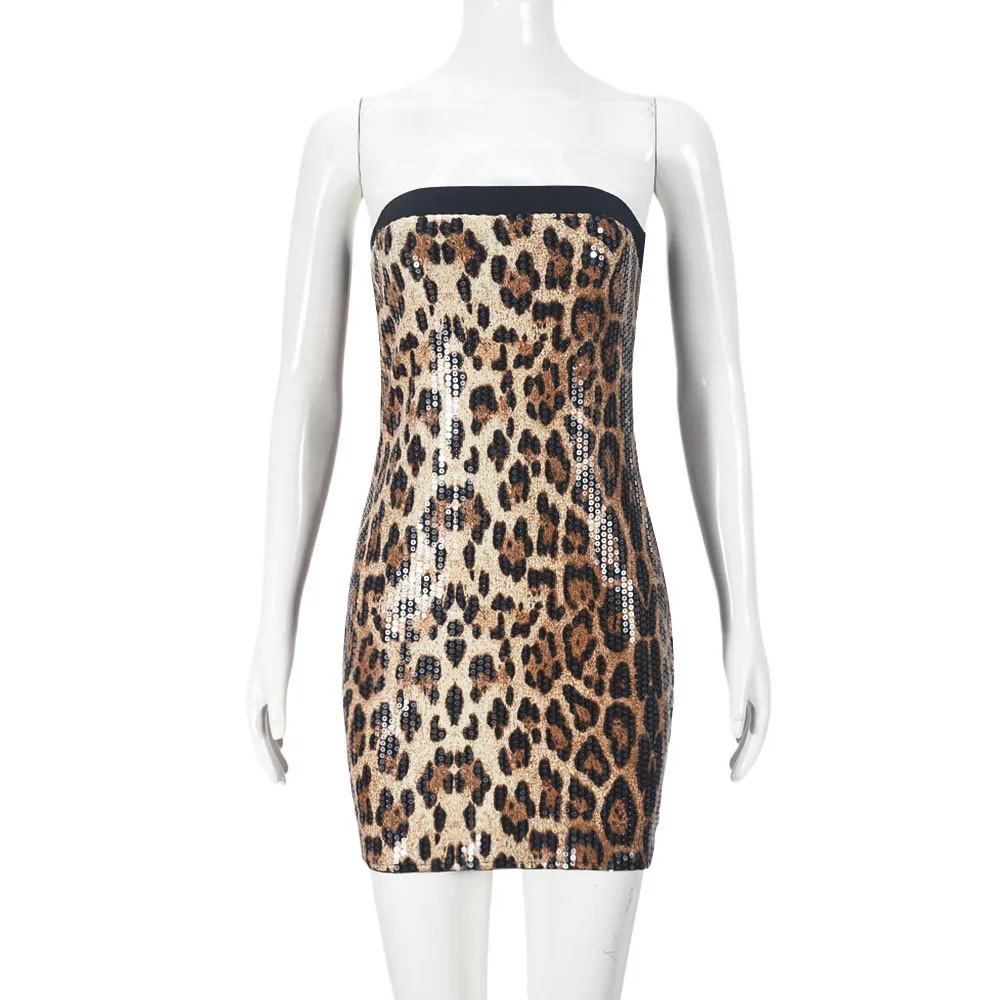 Leopard Print Women's Color Matching Double Layer Tube Dress Sequin Hip Bag Dress - Coffee Color