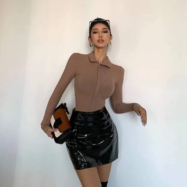 Women's Irregular Skinny V neck Long Sleeve Jumpsuit Underwear Bottoming Shirt Coffee - Shop at LoveMi