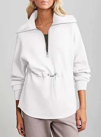 Women's Super Plus Size Sweatshirt Half Zipper Drawstring White - Shop at LoveMi