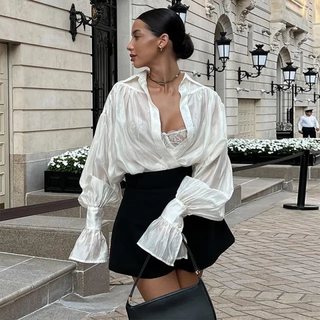 Women's Sweet Fresh And Loose Lantern Sleeve Shirt Top White - Shop at LoveMi