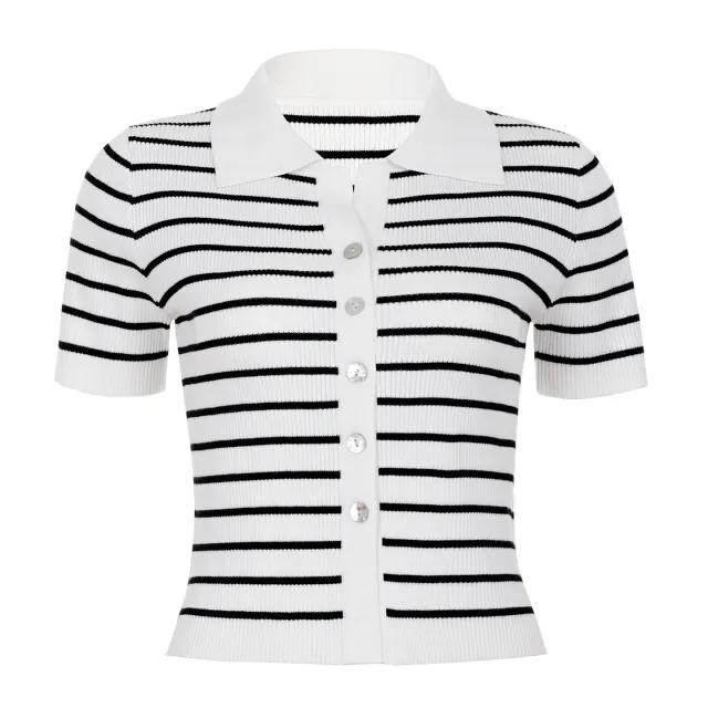Contrast Color Striped Wool Short Sleeve Single Row Button Cardigan Top Women White - Shop at LoveMi