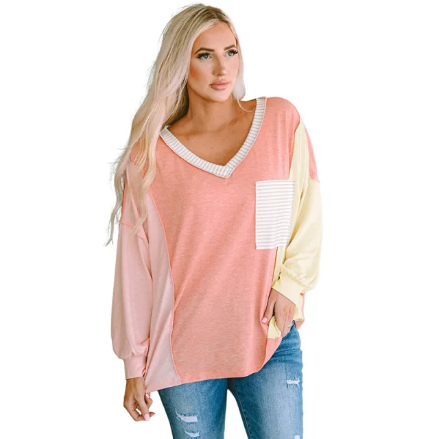 V neck Long Sleeve Top Women's European And American Leisure Striped Multicolor Hoodie Rose - Shop at LoveMi