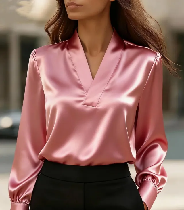 Commuting V neck Long sleeved Slim fit Professional Shirt With A Premium Feel Pink - Shop at LoveMi