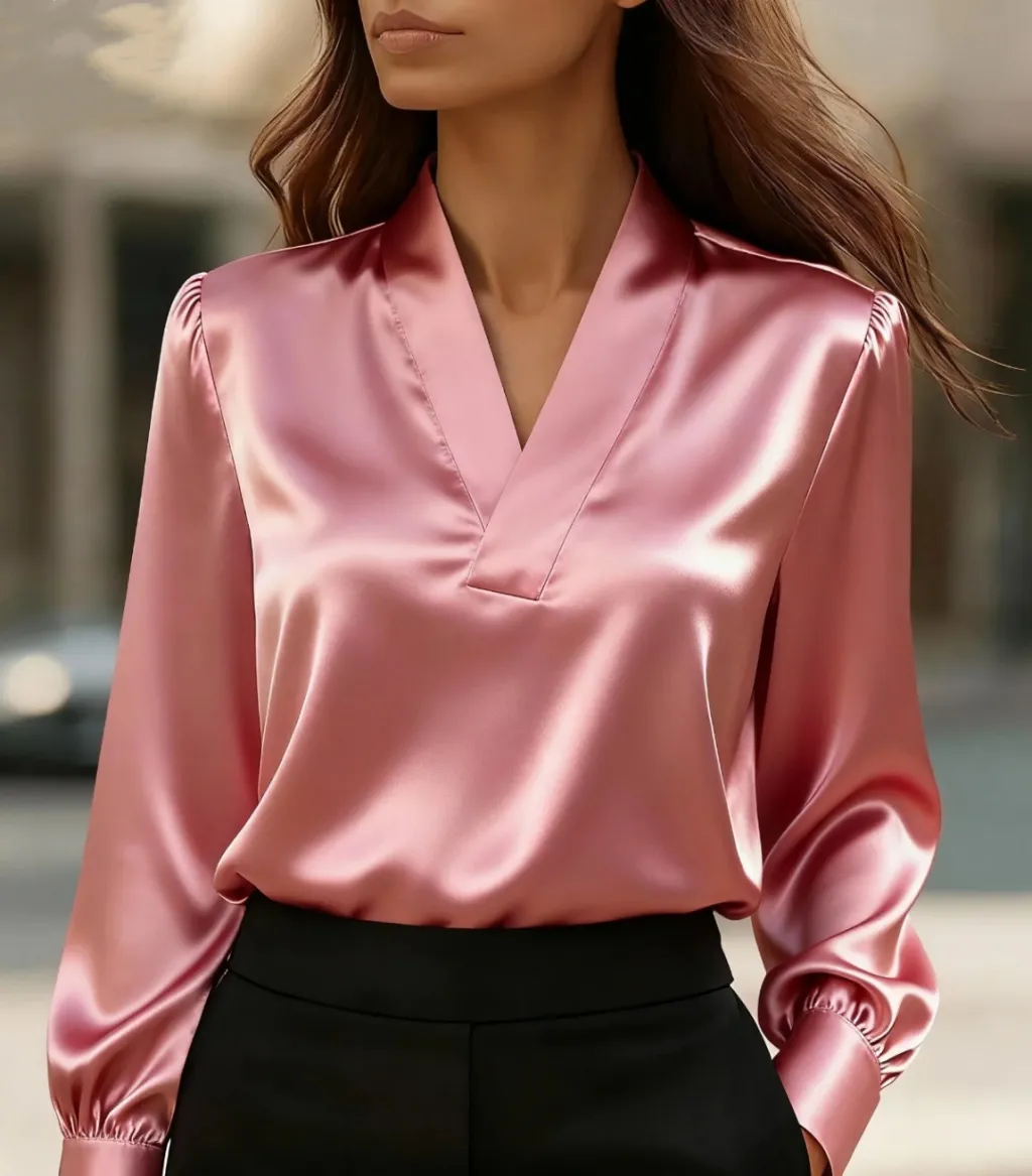 Commuting V-neck Long-sleeved Slim-fit Professional Shirt With A Premium Feel - Pink