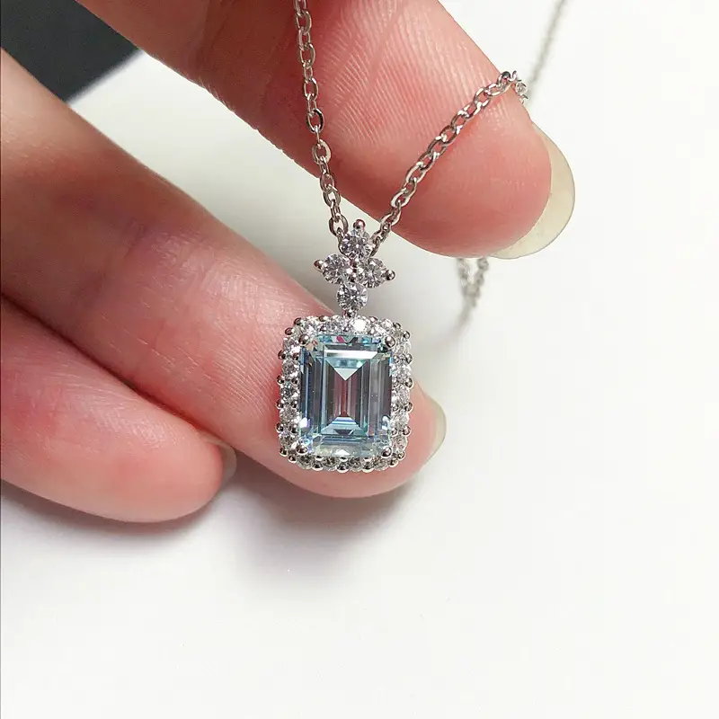925 Silver Emerald Light Blue Inlaid Necklace