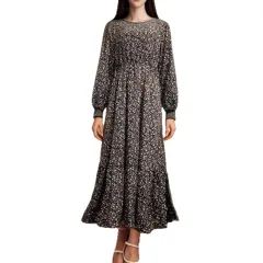 New Chiffon Round Neck Tie-waist Long Sleeve Knee-length Dress - Color-S - View 1