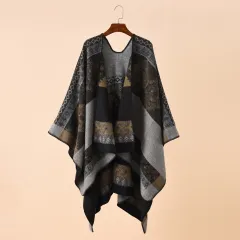 Double-sided Color Matching Plaid Cashmere-like Shawl Outer Match Cape Coat - Black And Gray 1 - View 1