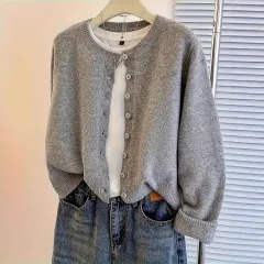 European And American Fashionable Knitted Cardigan Casual Versatile Loose Crew Neck Top - Gray - View 1