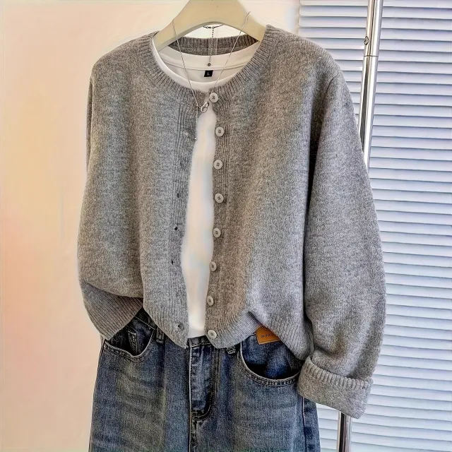 European And American Fashionable Knitted Cardigan Casual Versatile Loose Crew Neck Top Gray - Shop at LoveMi