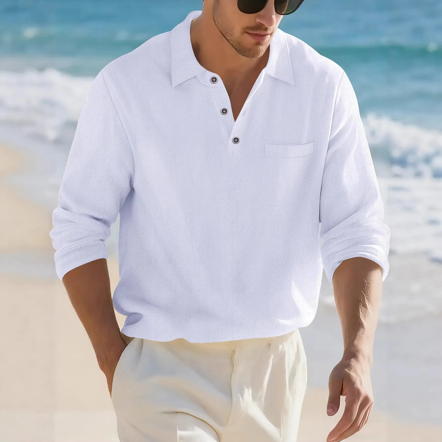Turn-down Collar Casual Loose-fitting Solid-color Top