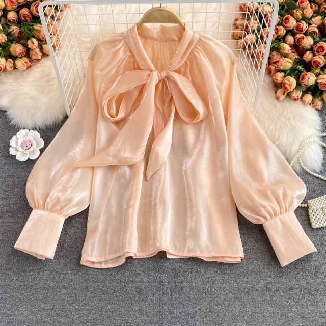 Super Fairy Loose Belly covering Bow Lace up French Plus Size Shirt Long Sleeve Elegant Top For Women Champagne Free Size - Shop at LoveMi