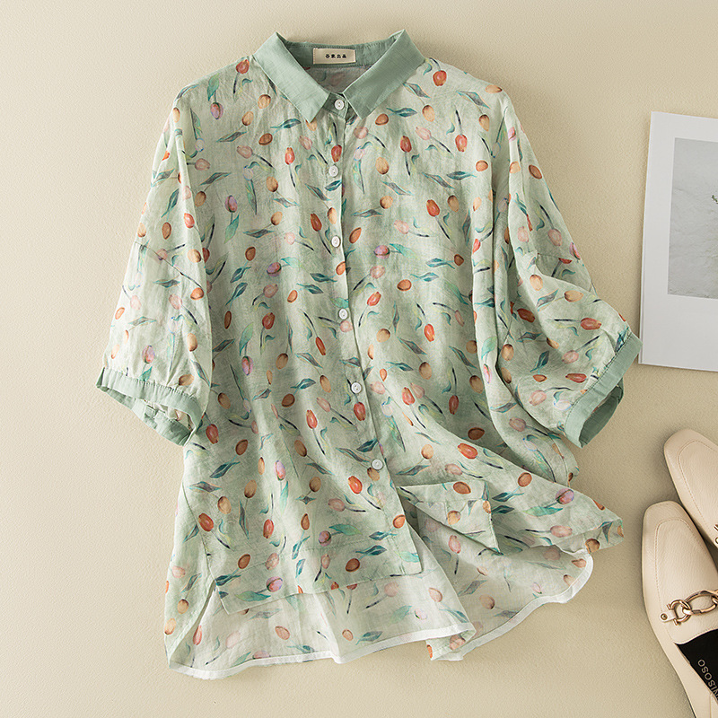 Literary Vintage Lightweight Breathable Short-sleeve Printed Shirt
