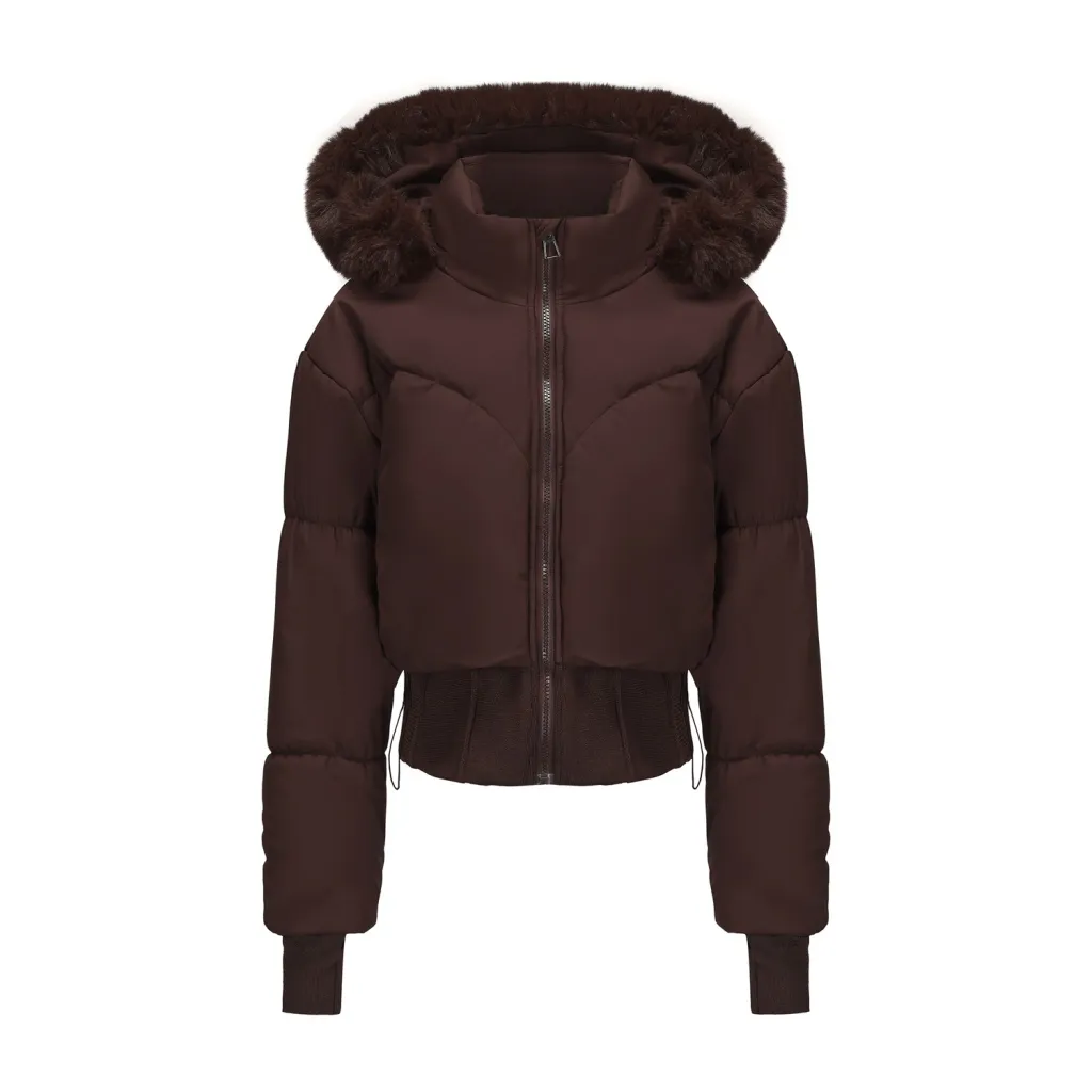Women's Hooded Large Fur Collar Short Cotton Jacket - Brown