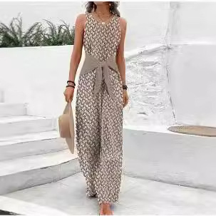 Womens Best-selling Waist-cinching Adjustable-lace-up Printed Jumpsuit - photo 4