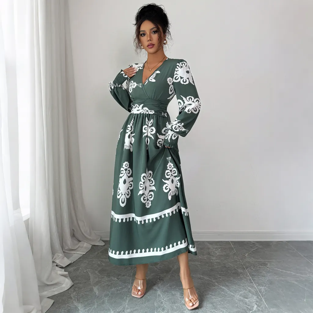 Elegant Style Printed Long Sleeve Dress Women's Clothing - Green