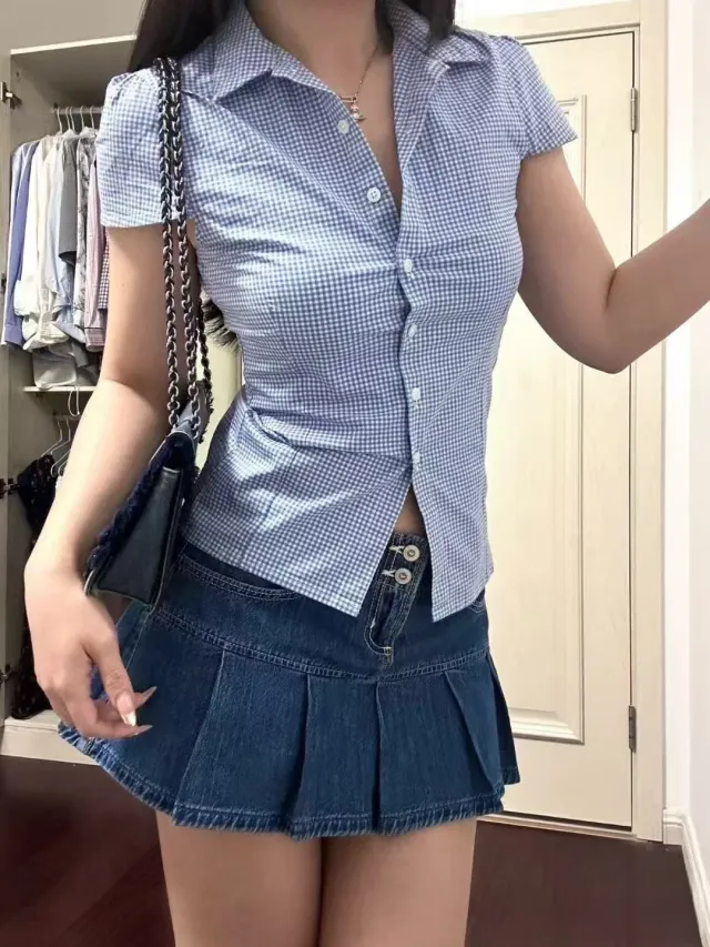 New American Red Pattern Short Sleeve Shirt Top Women Blue - Shop at LoveMi