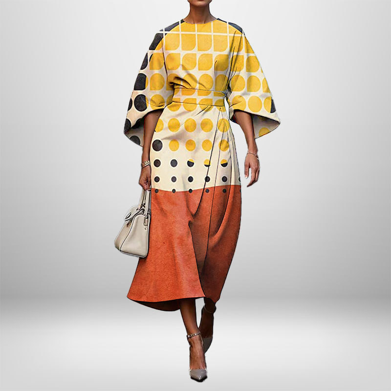 Women's Elegant Fashion Print Round Neck Long Dress Yellow White Orange Polka Dot - Shop at LoveMi