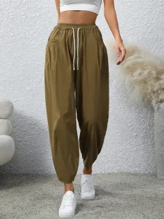 Women's Drawstring Pocket Fashion Loose Casual Pants - Khaki - View 1