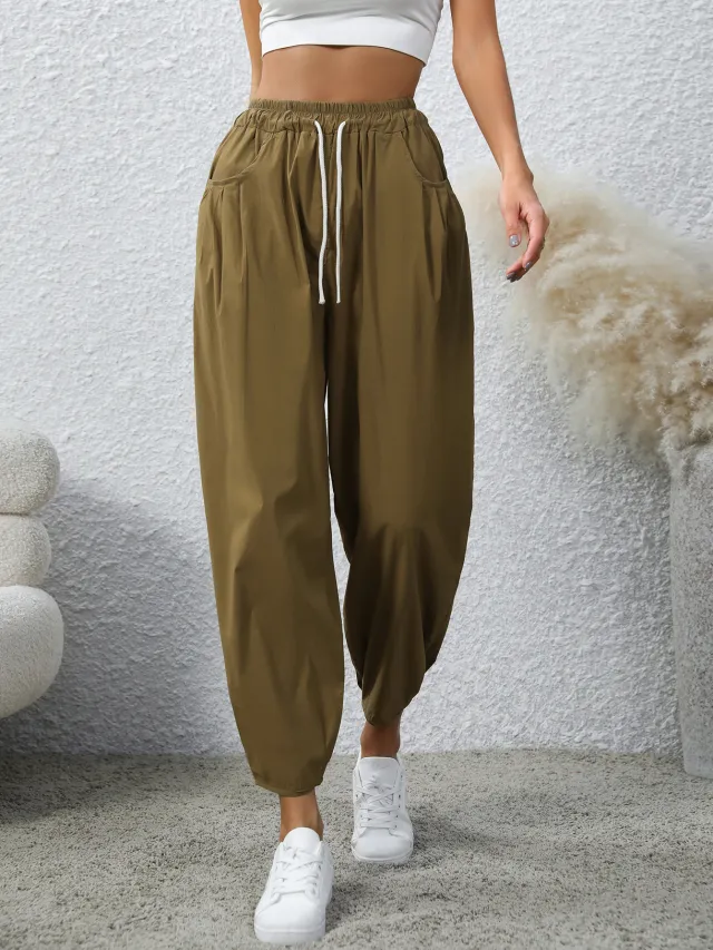 Women's Drawstring Pocket Fashion Loose Casual Pants Khaki - Shop at LoveMi