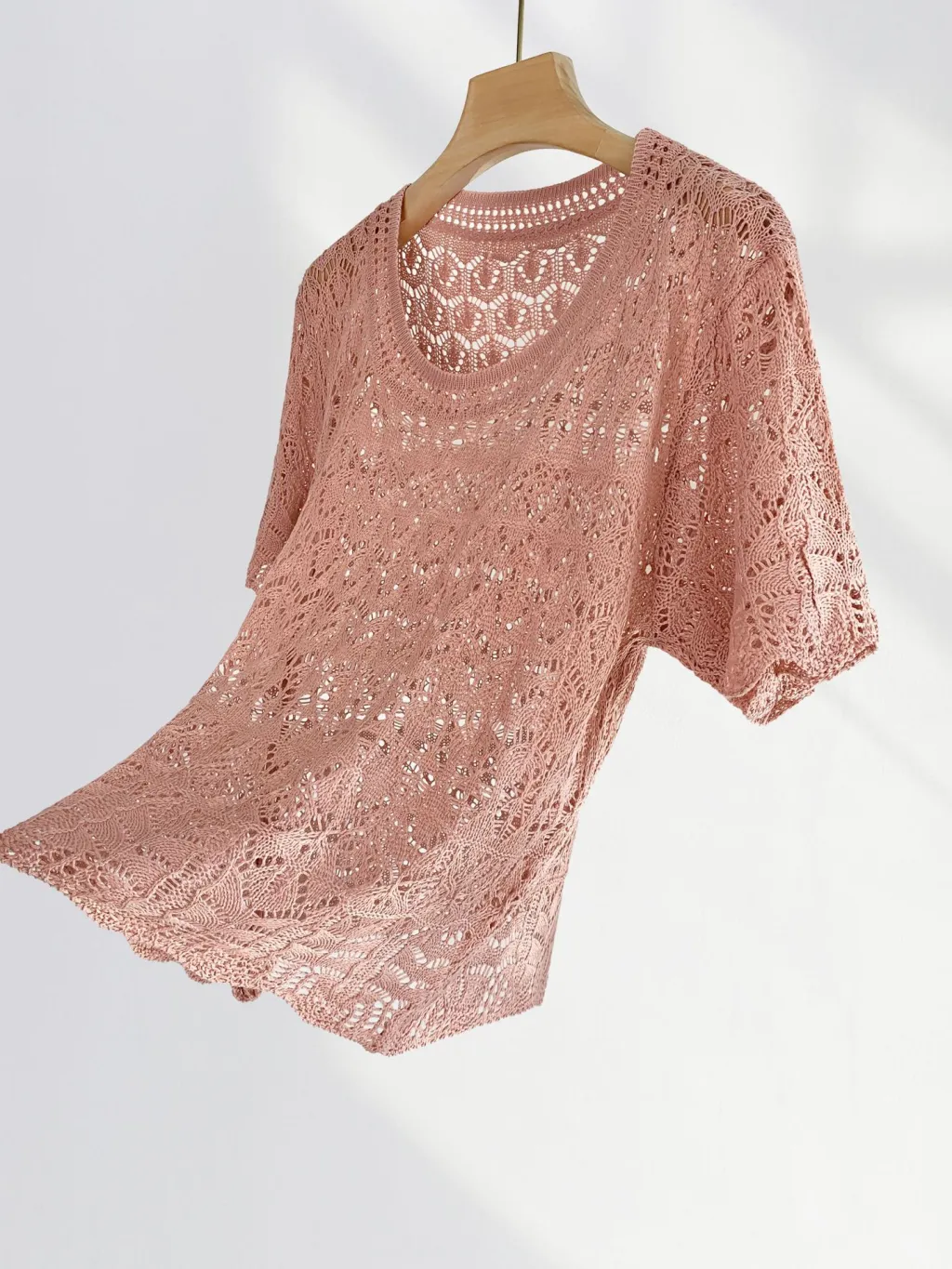 Hollow Knitted Short-sleeved Shirt - Peach Top-Average Size