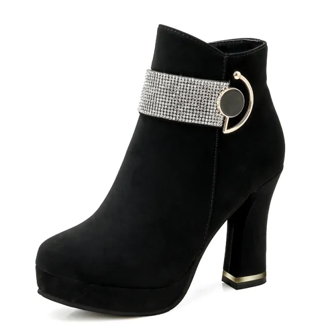 Rhinestone Chunky Heel Fashion Short Boots Waterproof Platform High Heel Boots Wide Rhinestone 38 - Shop at LoveMi