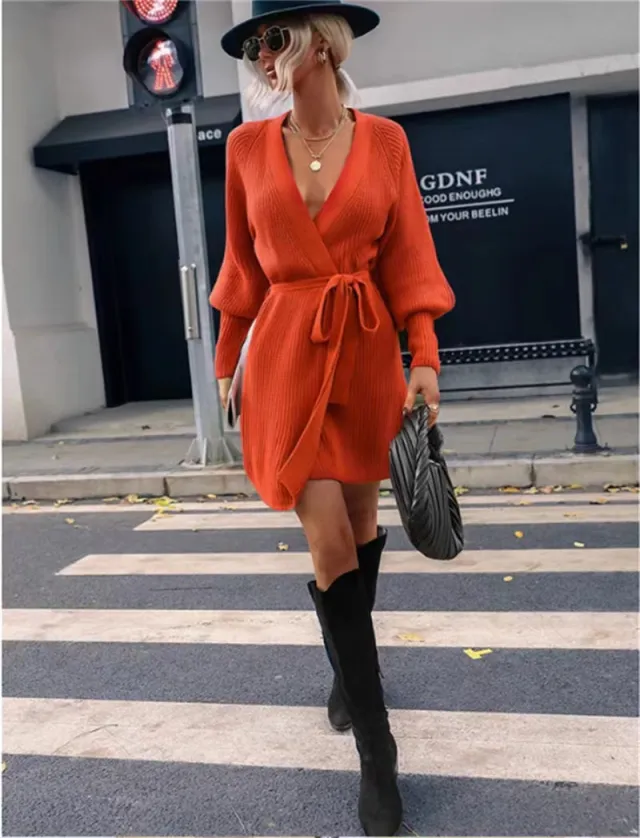 Women's Solid Color Knitted Lace up Cardigan Sweater Orange - Shop at LoveMi
