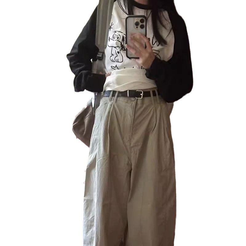 Black And White Stitching Color Contrast Long Sleeve T-shirt Women