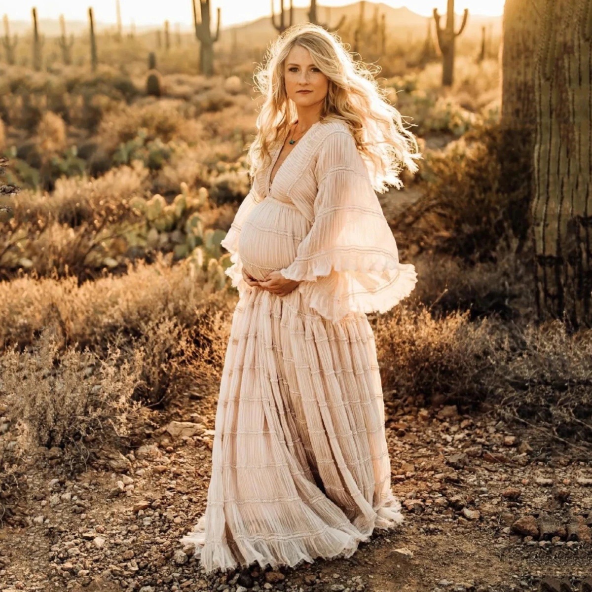Plus-size Flared-sleeve Loose-fitting Maternity Maxi Dress