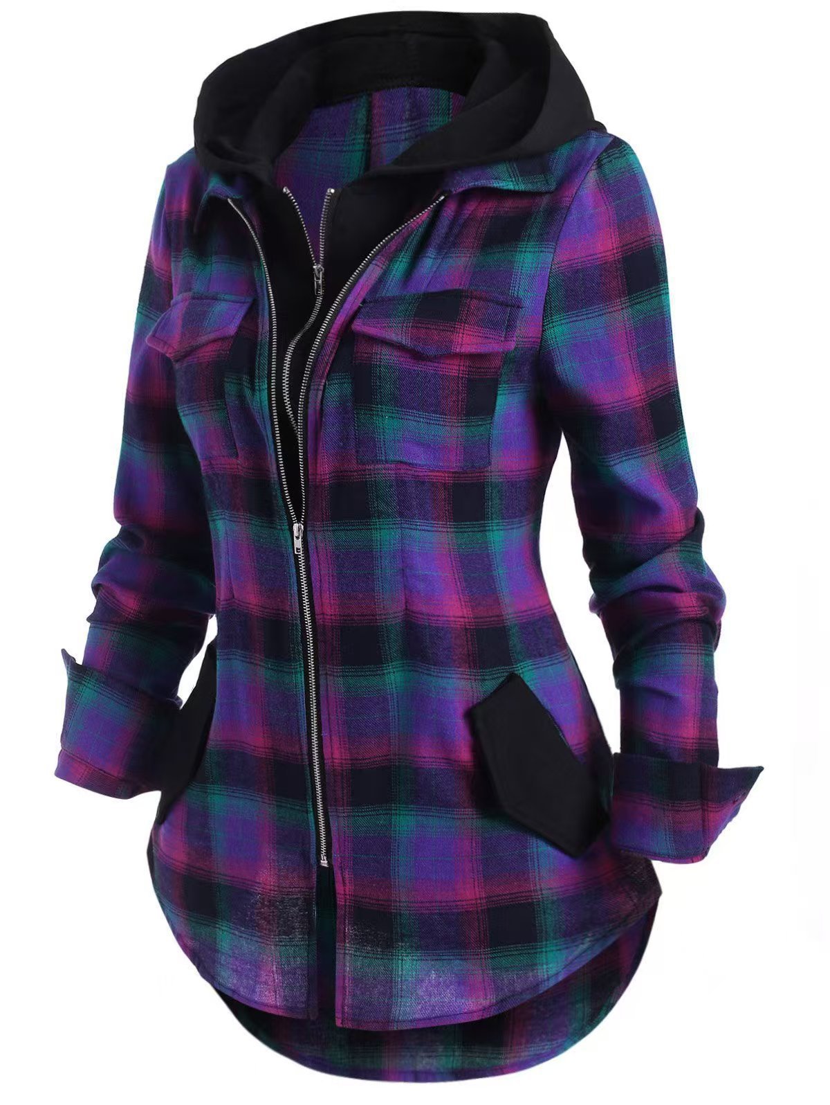 Plaid Pocket Hoodie With Long Sleeves In Contrasting Colors