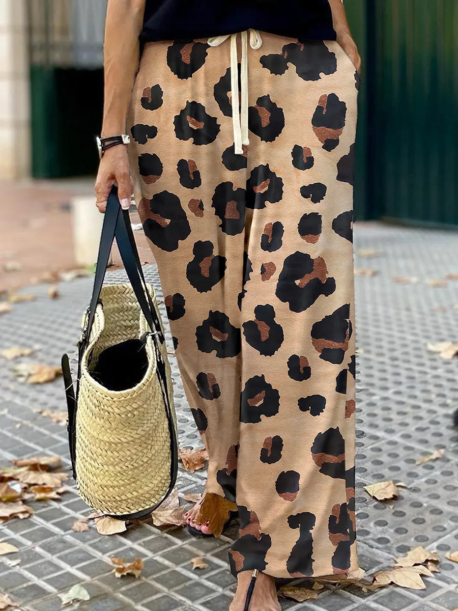 Leopard Print Wide-leg Pants Women's European And American Personalised Drawstring - Brown