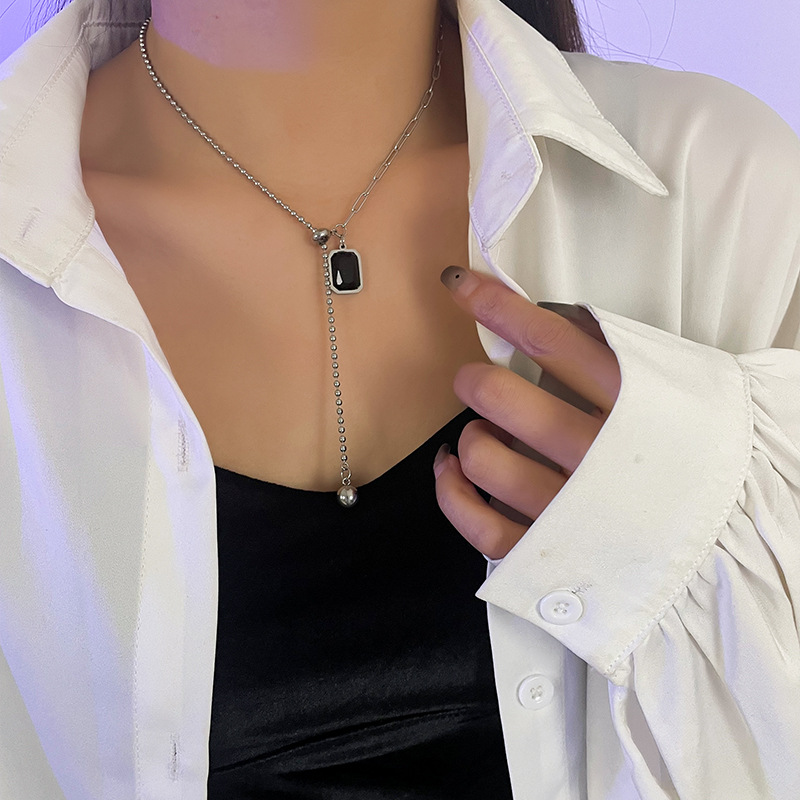 Black Square Pendant Necklace Female Titanium Steel