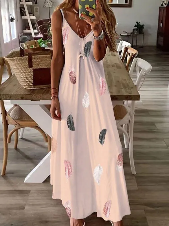 Sleeveless Slim fit Feather Print Low cut V neck Strap Large Swing Dress Pink - Shop at LoveMi