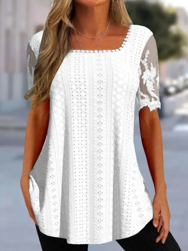Summer New Square Neck T shirt Hole Hollow out White - Shop at LoveMi