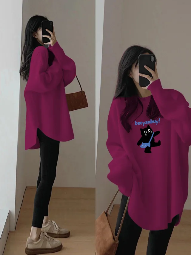 Women's Long Sleeve Loose Mid length Round Neck Slim And Versatile Base Shirt Pitaya Color - Shop at LoveMi