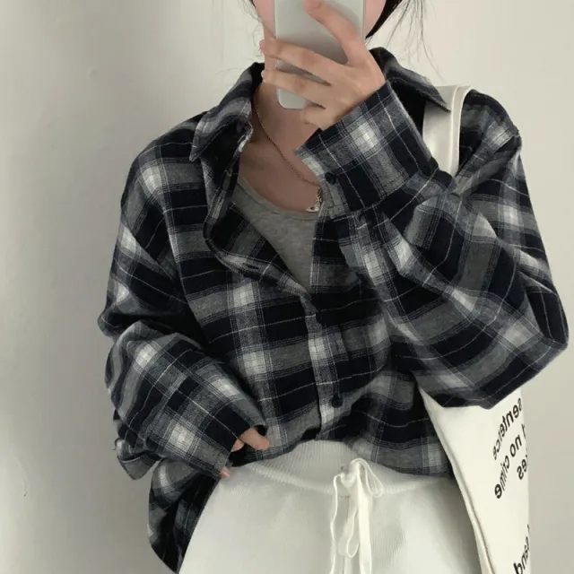 BF Style Loose Mid length Shirt Plaid Long Sleeve Shirt - Shop at LoveMi
